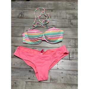 Victorias Secret Bikini Set Striped Sequin Bandeau Top 32B Pink Bottoms Medium
